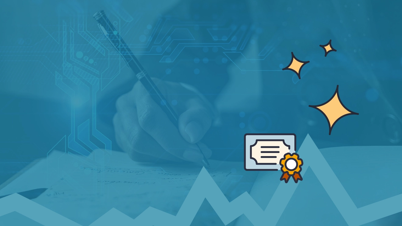 Graphic of a certificate in front of a photo of someone writing on a paper for CySA+