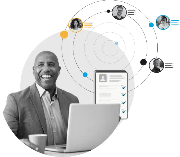 smiling man using computer withh orbit of business connections in background