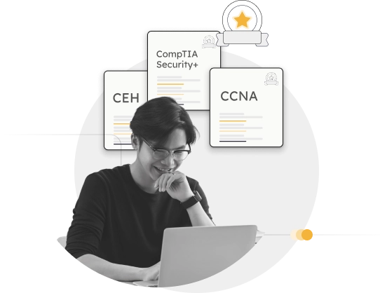 student with glasses using computer studying certifications