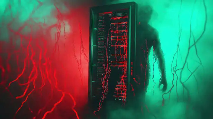 Red and green veins with monster sillouette behind a motherboard