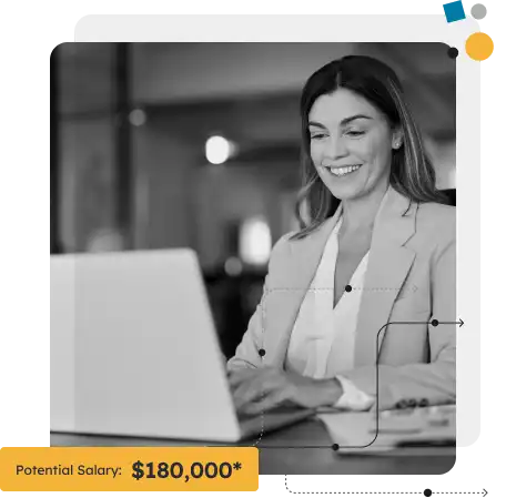 smiling woman using laptop, potential salary $180,000