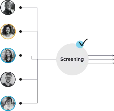 face photos lined up vertically on left with screening text on right