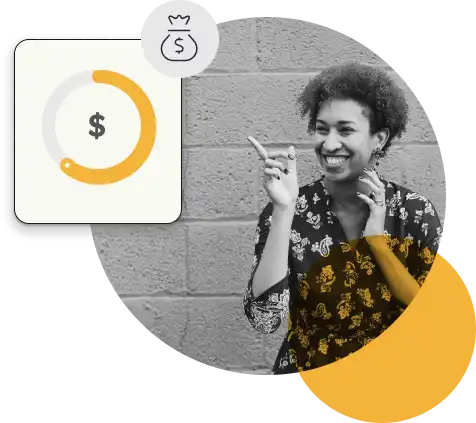happy woman pointing at money graphic