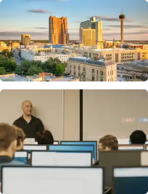 skyline of san antonio with interior classroom shot