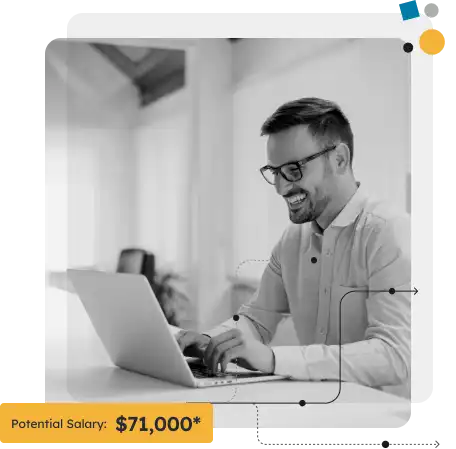 happy man using laptop in public space, potential salary $71,000