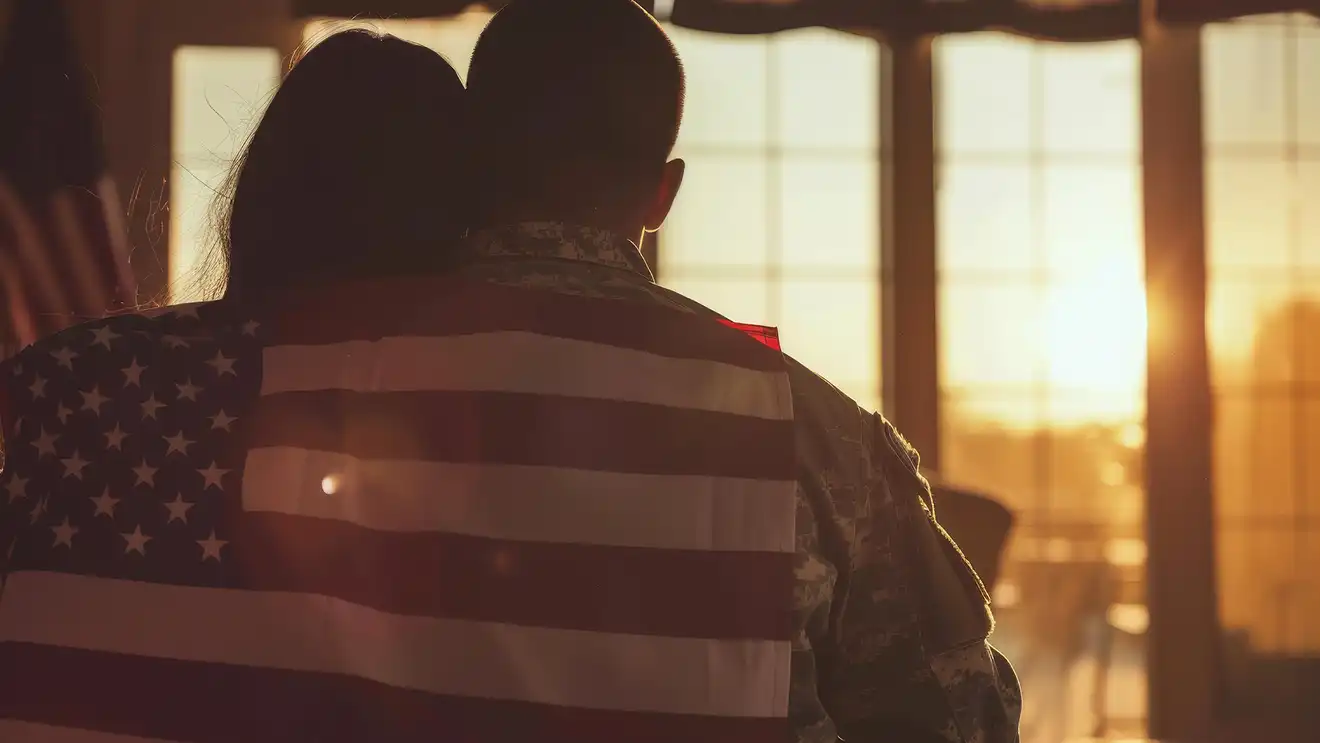 couple wrapped in american flag looking out a window