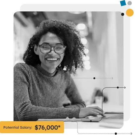 smiling woman using laptop, potential salary $76,000