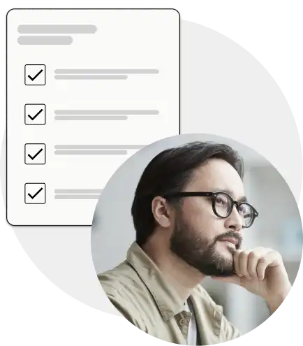 pensive man in glasses with graphic of report