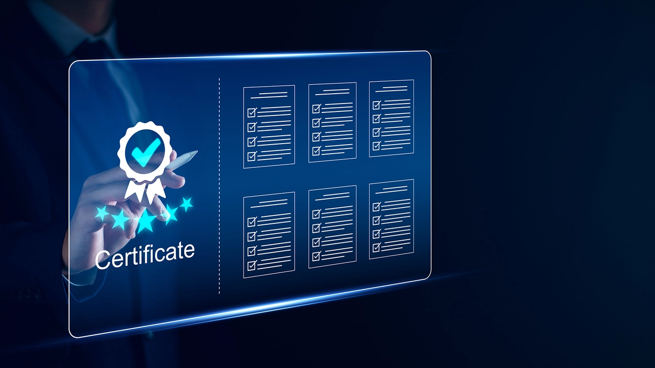 blue screen with certificate badge